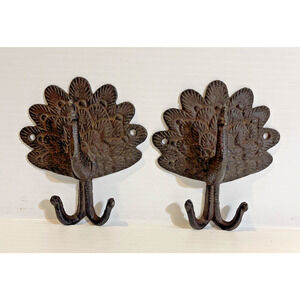 Cast Iron Metal Wall Hook Peacock Key Towel Holder Set Of 2 Rustic Boho Hooks